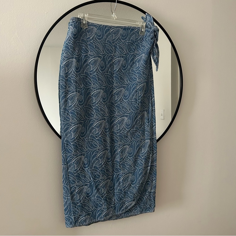 Vintage Blue Patterned Midi Wrap Skirt
